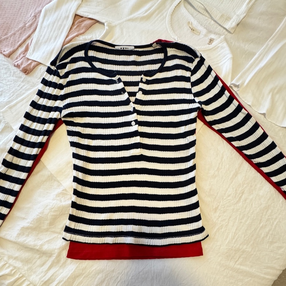 Doen Paola Tee, XS, Navy and Cream Stripe,  Ribbed Long Sleeve Henley - Picture 5 of 8